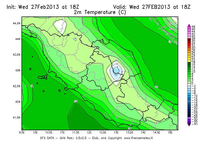 Mappa di analisi GFS - Temperatura a 2 metri dal suolo [°C] in Centro-Italia
							del 27/02/2013 18 <!--googleoff: index-->UTC<!--googleon: index-->