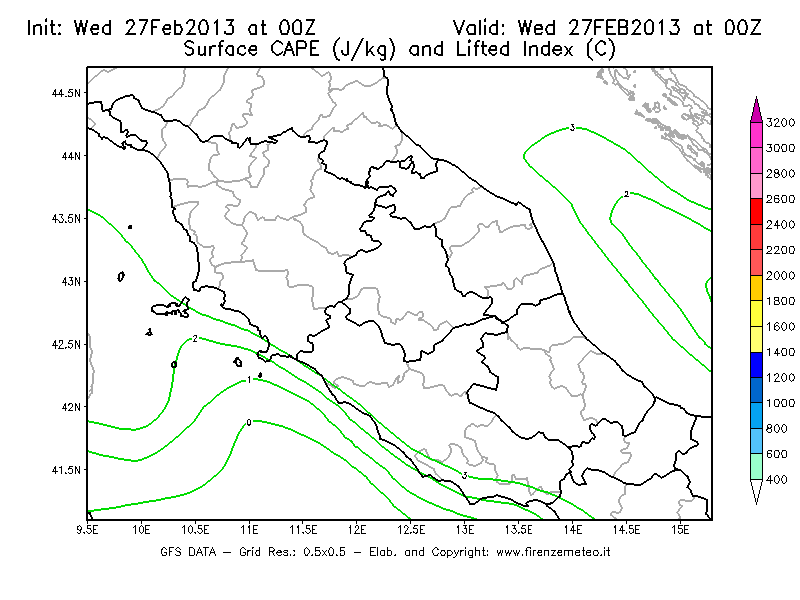 Mappa di analisi GFS - CAPE [J/kg] e Lifted Index [°C] in Centro-Italia
							del 27/02/2013 00 <!--googleoff: index-->UTC<!--googleon: index-->