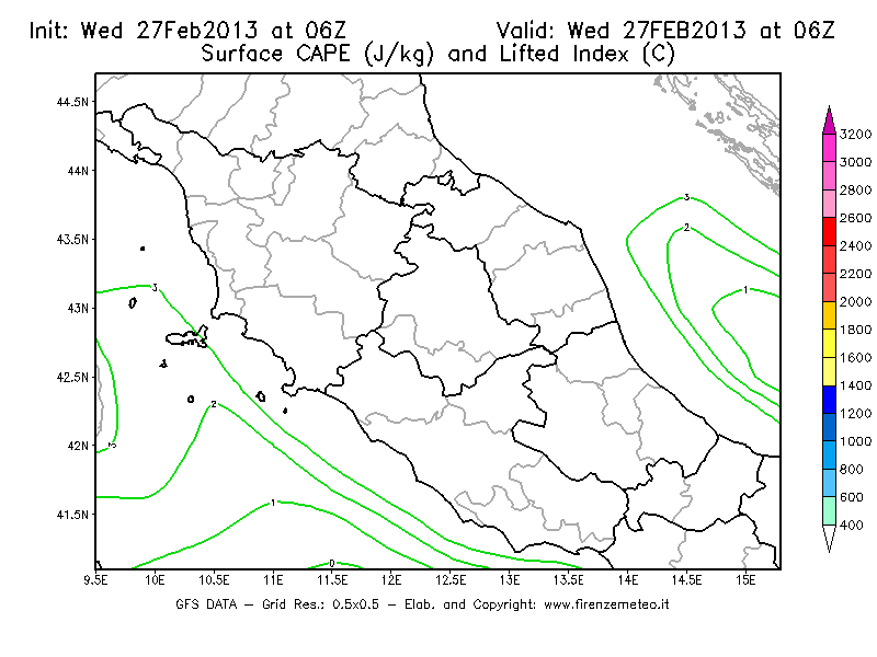 Mappa di analisi GFS - CAPE [J/kg] e Lifted Index [°C] in Centro-Italia
							del 27/02/2013 06 <!--googleoff: index-->UTC<!--googleon: index-->