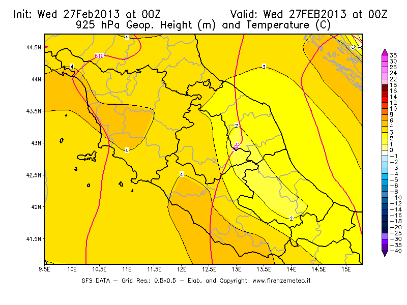 Mappa di analisi GFS - Geopotenziale [m] e Temperatura [°C] a 925 hPa in Centro-Italia
							del 27/02/2013 00 <!--googleoff: index-->UTC<!--googleon: index-->