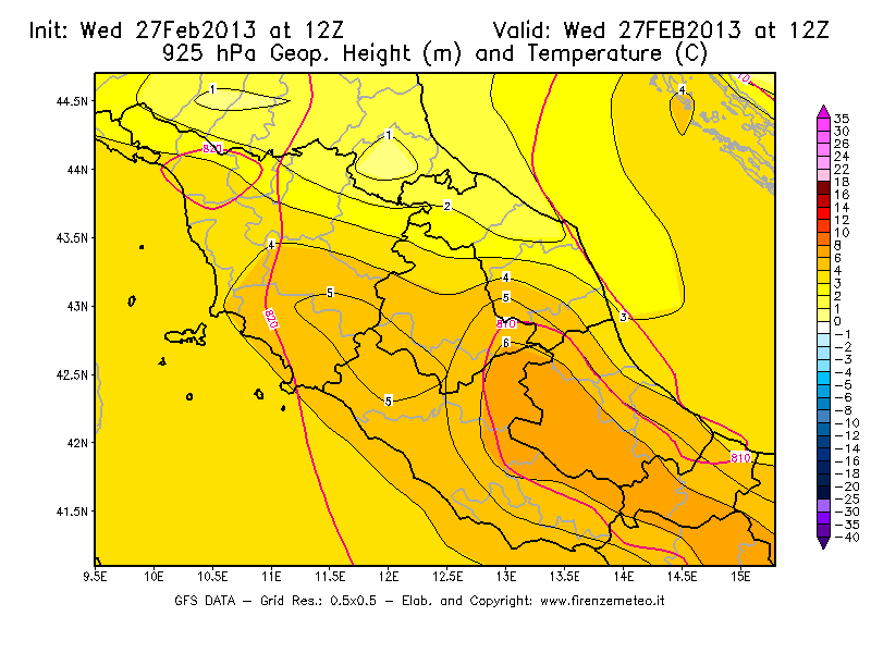 Mappa di analisi GFS - Geopotenziale [m] e Temperatura [°C] a 925 hPa in Centro-Italia
							del 27/02/2013 12 <!--googleoff: index-->UTC<!--googleon: index-->