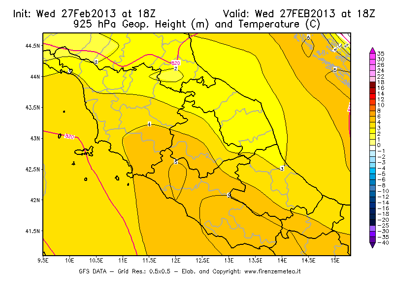 Mappa di analisi GFS - Geopotenziale [m] e Temperatura [°C] a 925 hPa in Centro-Italia
							del 27/02/2013 18 <!--googleoff: index-->UTC<!--googleon: index-->