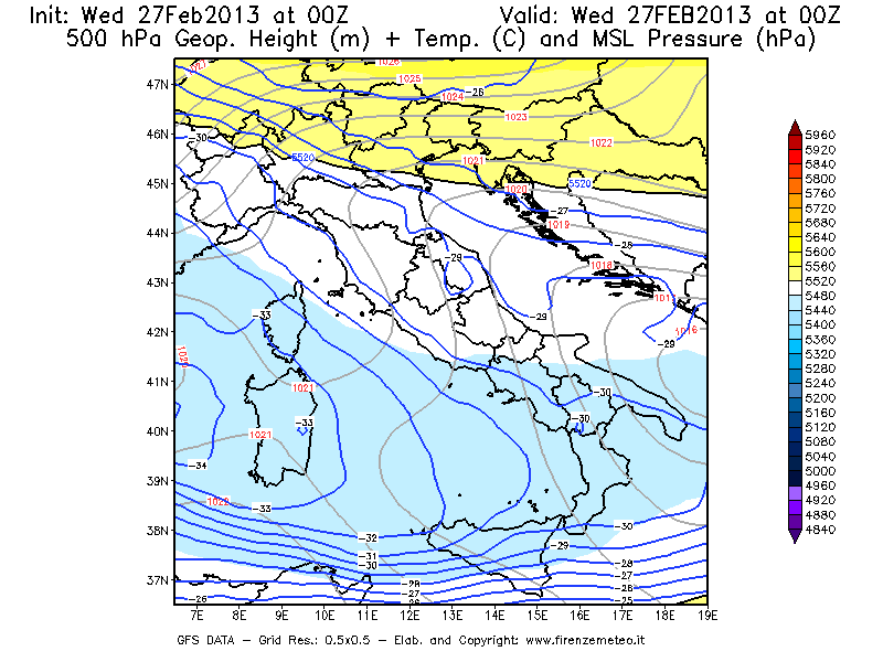Mappa di analisi GFS - Geopotenziale [m] + Temp. [°C] a 500 hPa + Press. a livello del mare [hPa] in Italia
							del 27/02/2013 00 <!--googleoff: index-->UTC<!--googleon: index-->