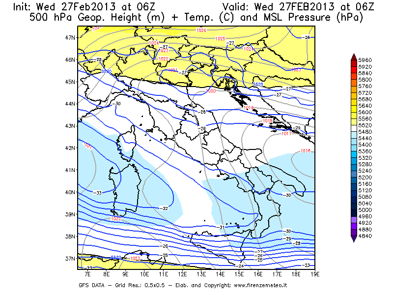 Mappa di analisi GFS - Geopotenziale [m] + Temp. [°C] a 500 hPa + Press. a livello del mare [hPa] in Italia
							del 27/02/2013 06 <!--googleoff: index-->UTC<!--googleon: index-->