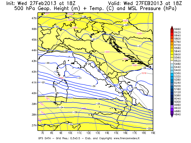 Mappa di analisi GFS - Geopotenziale [m] + Temp. [°C] a 500 hPa + Press. a livello del mare [hPa] in Italia
							del 27/02/2013 18 <!--googleoff: index-->UTC<!--googleon: index-->