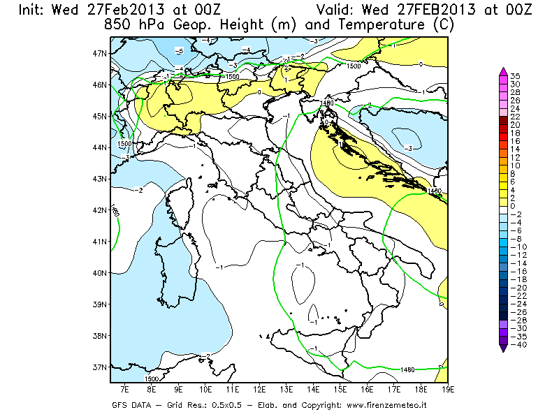 Mappa di analisi GFS - Geopotenziale [m] e Temperatura [°C] a 850 hPa in Italia
							del 27/02/2013 00 <!--googleoff: index-->UTC<!--googleon: index-->