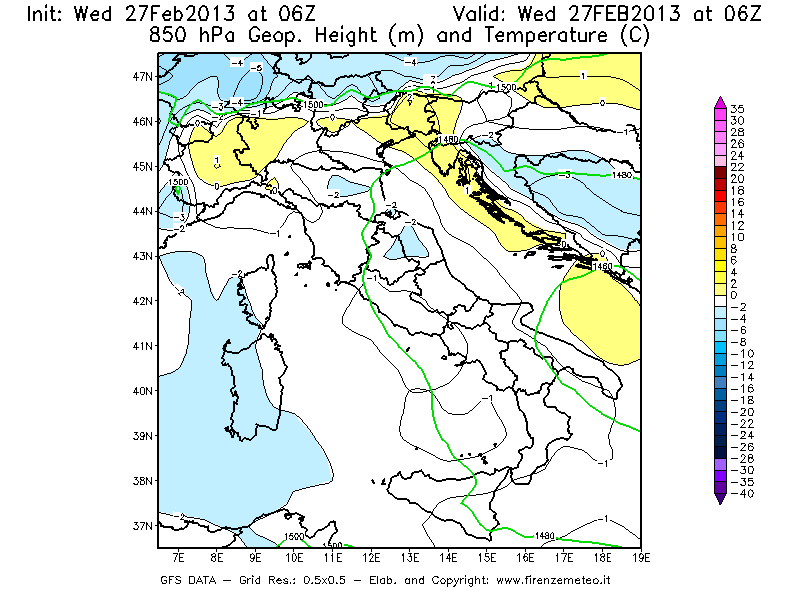 Mappa di analisi GFS - Geopotenziale [m] e Temperatura [°C] a 850 hPa in Italia
							del 27/02/2013 06 <!--googleoff: index-->UTC<!--googleon: index-->