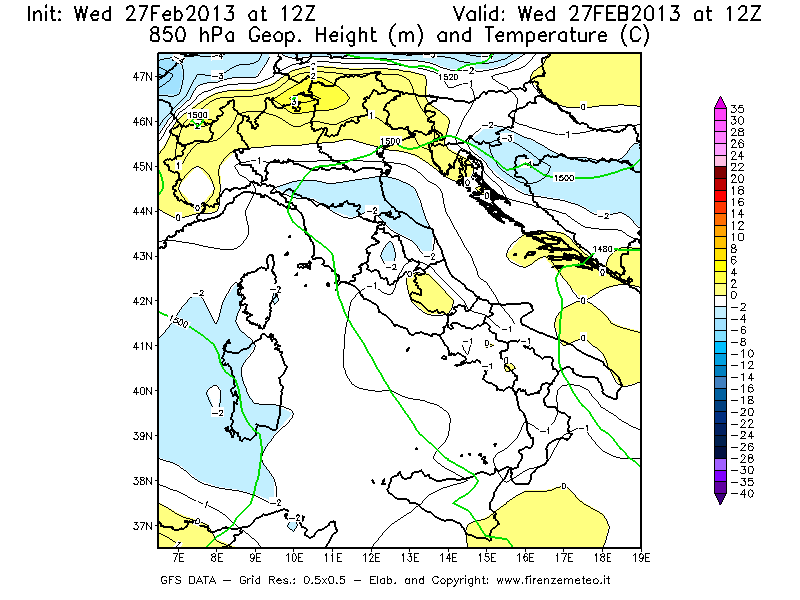 Mappa di analisi GFS - Geopotenziale [m] e Temperatura [°C] a 850 hPa in Italia
							del 27/02/2013 12 <!--googleoff: index-->UTC<!--googleon: index-->