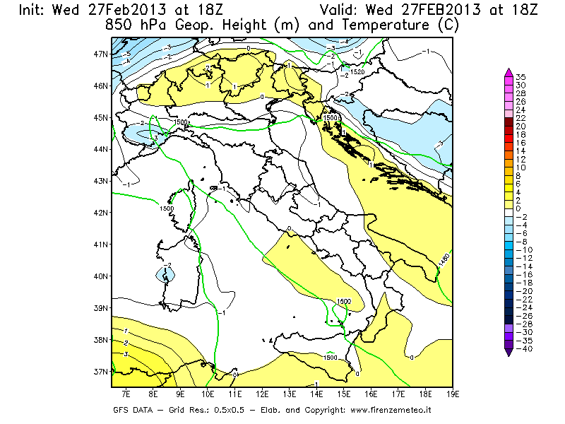 Mappa di analisi GFS - Geopotenziale [m] e Temperatura [°C] a 850 hPa in Italia
							del 27/02/2013 18 <!--googleoff: index-->UTC<!--googleon: index-->