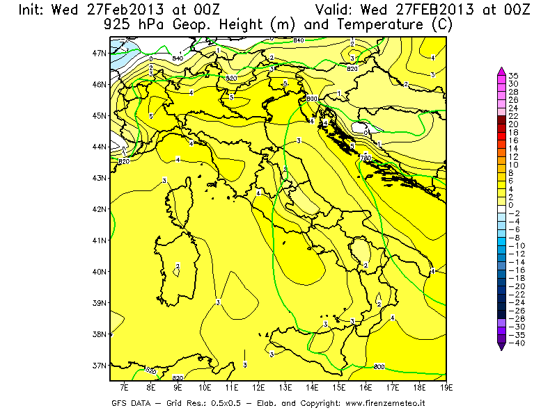 Mappa di analisi GFS - Geopotenziale [m] e Temperatura [°C] a 925 hPa in Italia
							del 27/02/2013 00 <!--googleoff: index-->UTC<!--googleon: index-->