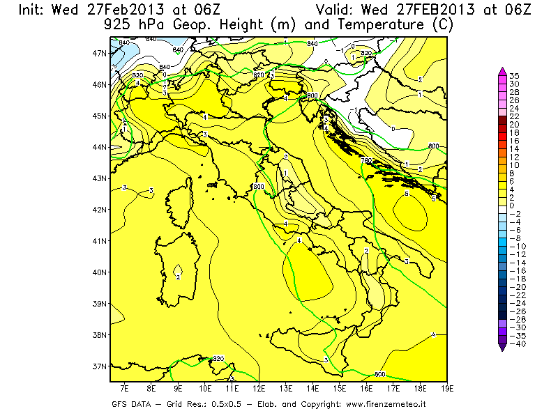 Mappa di analisi GFS - Geopotenziale [m] e Temperatura [°C] a 925 hPa in Italia
							del 27/02/2013 06 <!--googleoff: index-->UTC<!--googleon: index-->