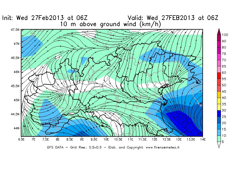 Mappa di analisi GFS - Velocità del vento a 10 metri dal suolo [km/h] in Nord-Italia
							del 27/02/2013 06 <!--googleoff: index-->UTC<!--googleon: index-->