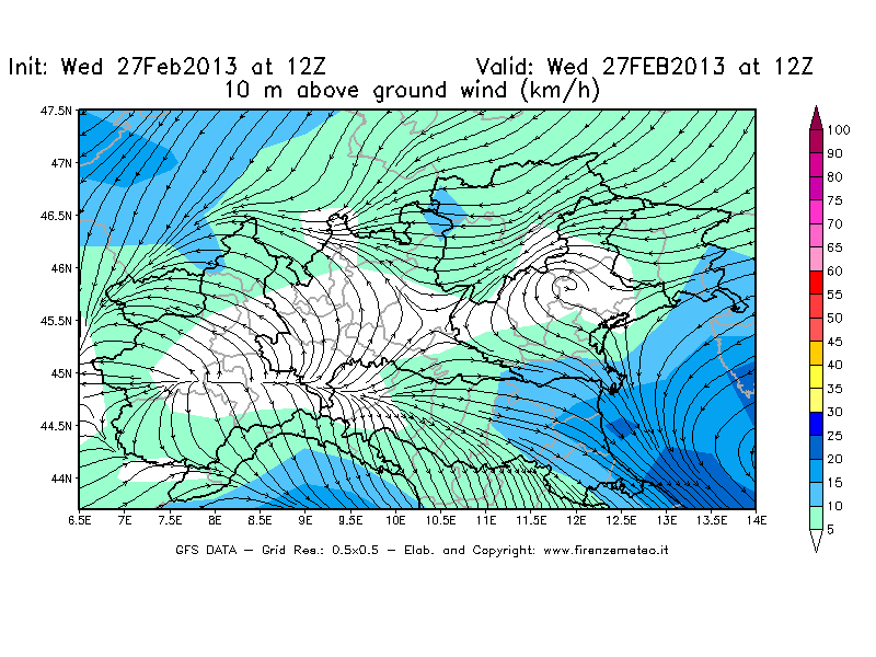 Mappa di analisi GFS - Velocità del vento a 10 metri dal suolo [km/h] in Nord-Italia
							del 27/02/2013 12 <!--googleoff: index-->UTC<!--googleon: index-->