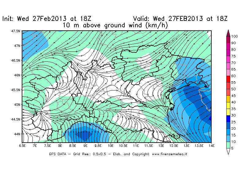Mappa di analisi GFS - Velocità del vento a 10 metri dal suolo [km/h] in Nord-Italia
							del 27/02/2013 18 <!--googleoff: index-->UTC<!--googleon: index-->