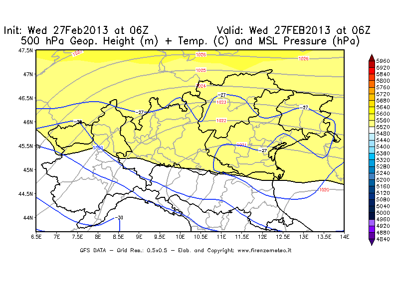 Mappa di analisi GFS - Geopotenziale [m] + Temp. [°C] a 500 hPa + Press. a livello del mare [hPa] in Nord-Italia
							del 27/02/2013 06 <!--googleoff: index-->UTC<!--googleon: index-->