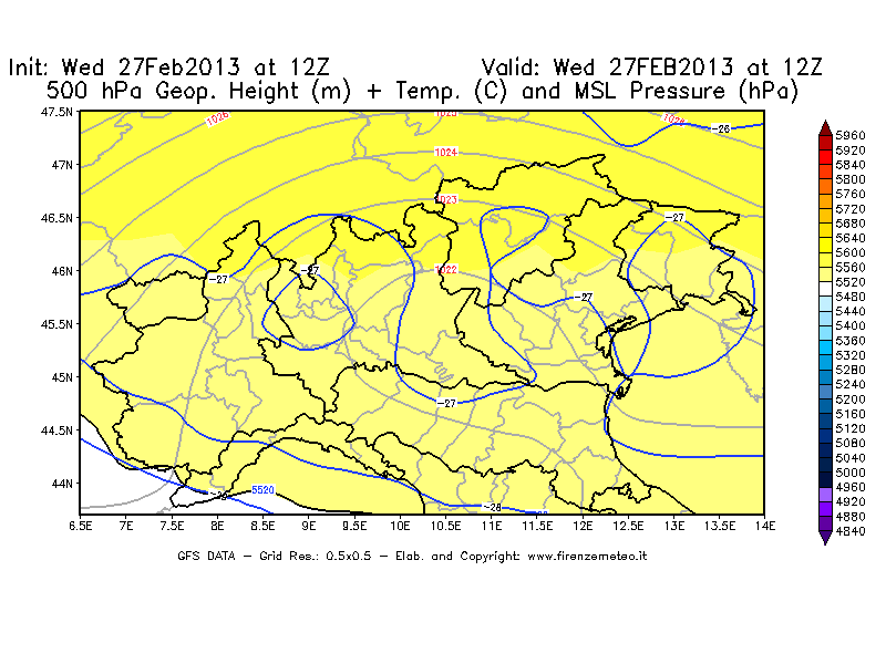 Mappa di analisi GFS - Geopotenziale [m] + Temp. [°C] a 500 hPa + Press. a livello del mare [hPa] in Nord-Italia
							del 27/02/2013 12 <!--googleoff: index-->UTC<!--googleon: index-->