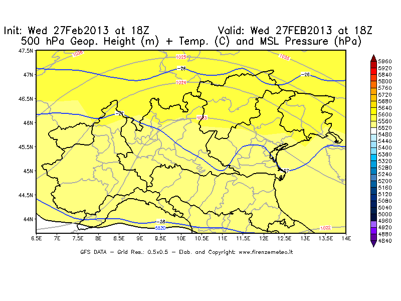 Mappa di analisi GFS - Geopotenziale [m] + Temp. [°C] a 500 hPa + Press. a livello del mare [hPa] in Nord-Italia
							del 27/02/2013 18 <!--googleoff: index-->UTC<!--googleon: index-->