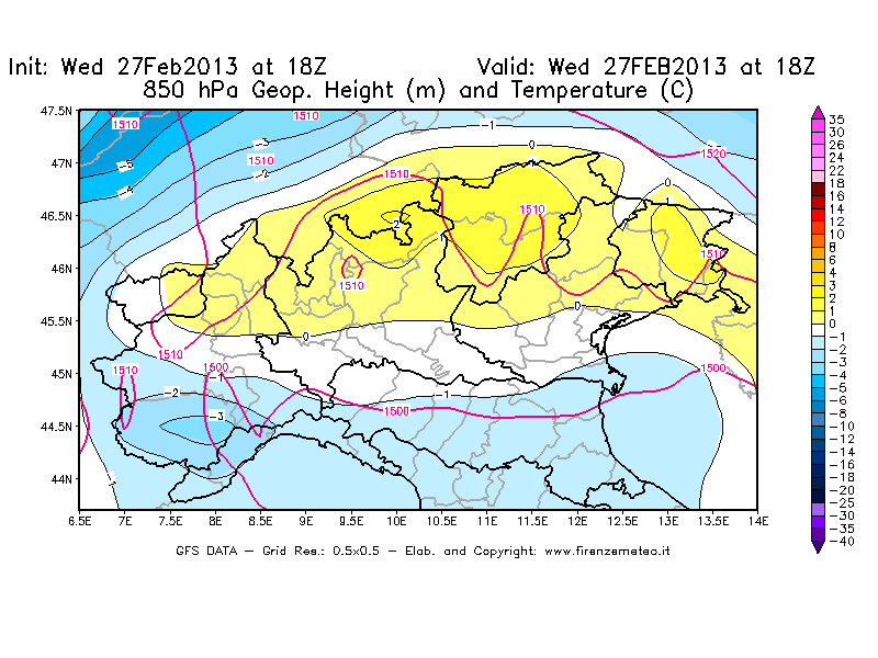 Mappa di analisi GFS - Geopotenziale [m] e Temperatura [°C] a 850 hPa in Nord-Italia
							del 27/02/2013 18 <!--googleoff: index-->UTC<!--googleon: index-->