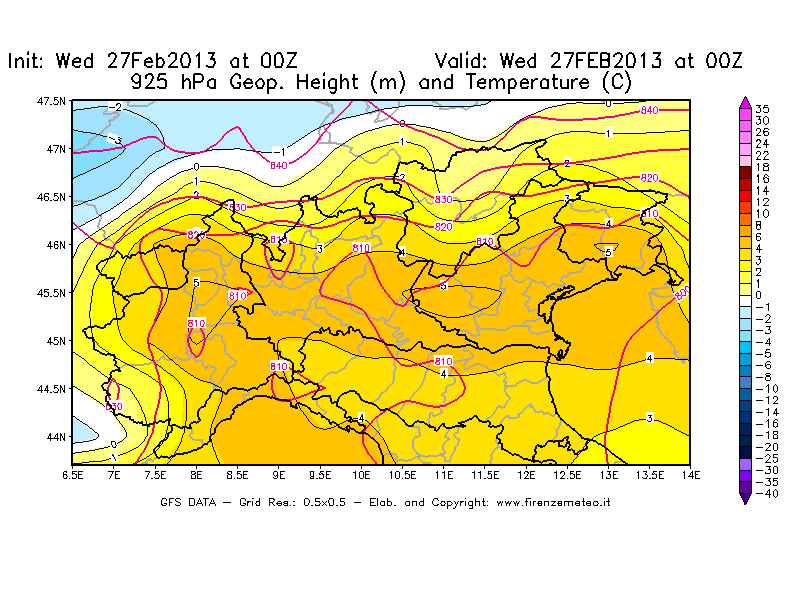 Mappa di analisi GFS - Geopotenziale [m] e Temperatura [°C] a 925 hPa in Nord-Italia
							del 27/02/2013 00 <!--googleoff: index-->UTC<!--googleon: index-->