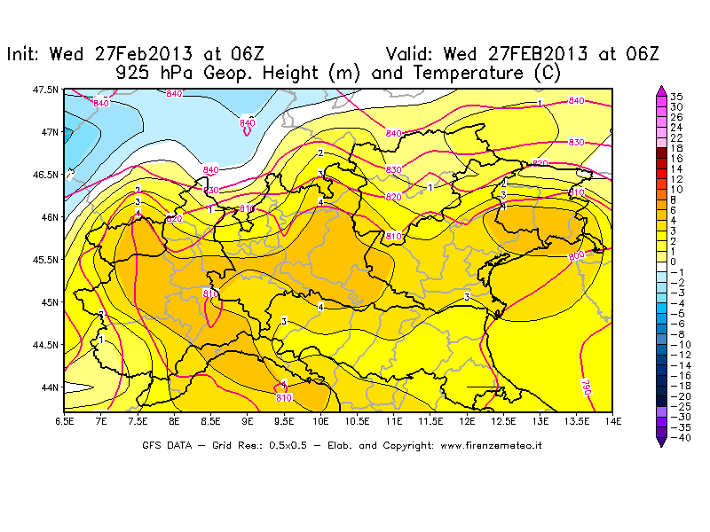 Mappa di analisi GFS - Geopotenziale [m] e Temperatura [°C] a 925 hPa in Nord-Italia
							del 27/02/2013 06 <!--googleoff: index-->UTC<!--googleon: index-->