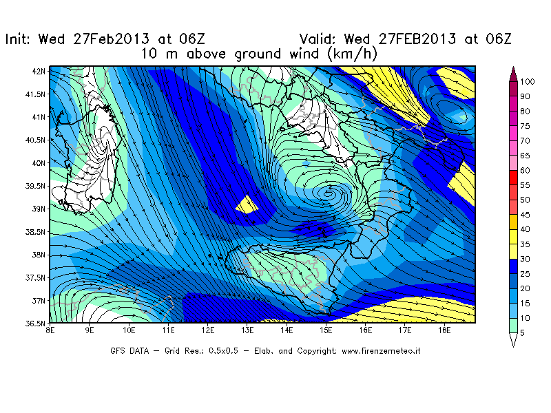 Mappa di analisi GFS - Velocità del vento a 10 metri dal suolo [km/h] in Sud-Italia
							del 27/02/2013 06 <!--googleoff: index-->UTC<!--googleon: index-->