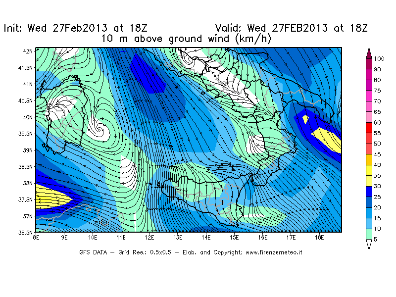 Mappa di analisi GFS - Velocità del vento a 10 metri dal suolo [km/h] in Sud-Italia
							del 27/02/2013 18 <!--googleoff: index-->UTC<!--googleon: index-->
