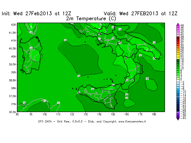 Mappa di analisi GFS - Temperatura a 2 metri dal suolo [°C] in Sud-Italia
							del 27/02/2013 12 <!--googleoff: index-->UTC<!--googleon: index-->