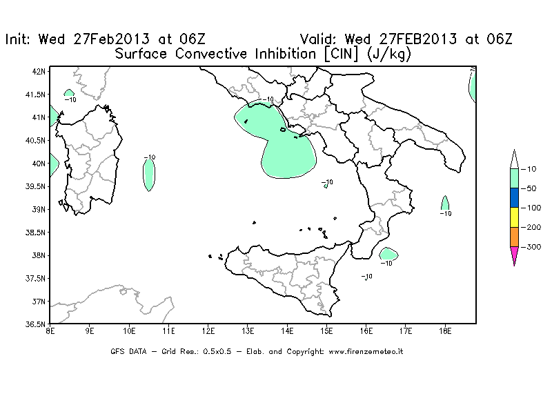 Mappa di analisi GFS - CIN [J/kg] in Sud-Italia
							del 27/02/2013 06 <!--googleoff: index-->UTC<!--googleon: index-->
