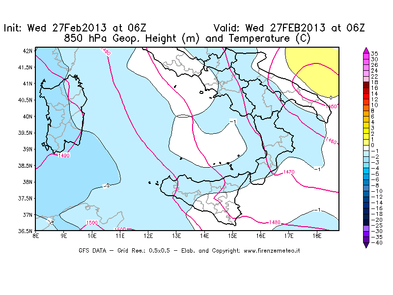Mappa di analisi GFS - Geopotenziale [m] e Temperatura [°C] a 850 hPa in Sud-Italia
							del 27/02/2013 06 <!--googleoff: index-->UTC<!--googleon: index-->