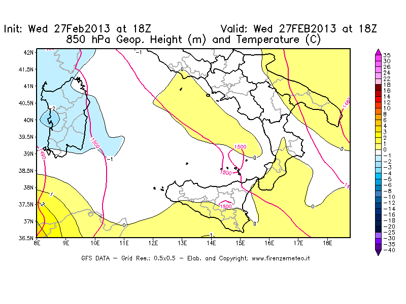 Mappa di analisi GFS - Geopotenziale [m] e Temperatura [°C] a 850 hPa in Sud-Italia
							del 27/02/2013 18 <!--googleoff: index-->UTC<!--googleon: index-->
