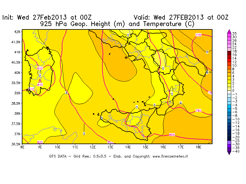 Mappa di analisi GFS - Geopotenziale [m] e Temperatura [°C] a 925 hPa in Sud-Italia
							del 27/02/2013 00 <!--googleoff: index-->UTC<!--googleon: index-->