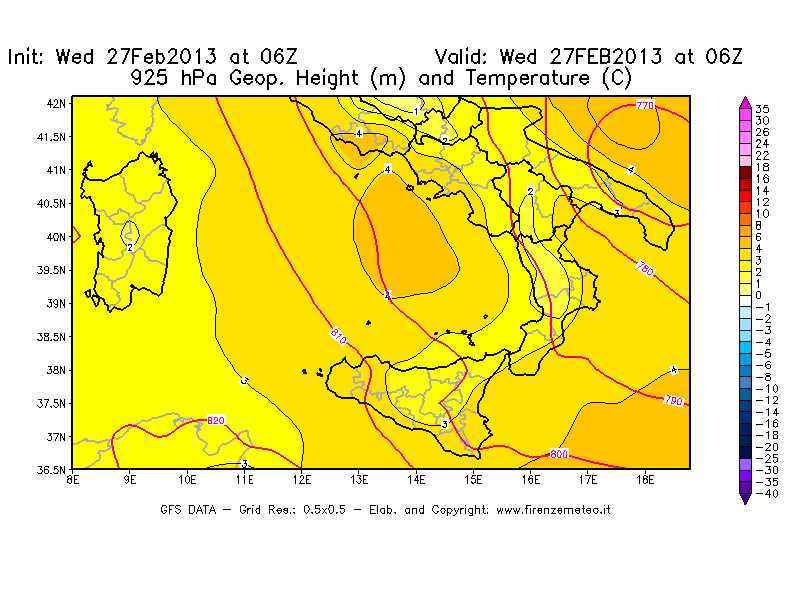Mappa di analisi GFS - Geopotenziale [m] e Temperatura [°C] a 925 hPa in Sud-Italia
							del 27/02/2013 06 <!--googleoff: index-->UTC<!--googleon: index-->