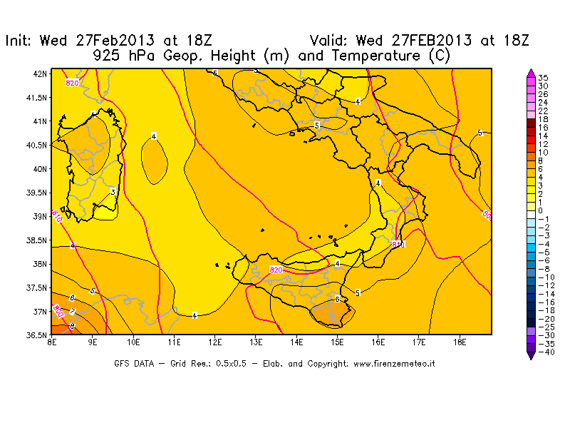Mappa di analisi GFS - Geopotenziale [m] e Temperatura [°C] a 925 hPa in Sud-Italia
							del 27/02/2013 18 <!--googleoff: index-->UTC<!--googleon: index-->