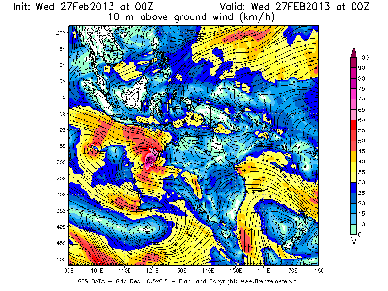 Mappa di analisi GFS - Velocità del vento a 10 metri dal suolo [km/h] in Oceania
							del 27/02/2013 00 <!--googleoff: index-->UTC<!--googleon: index-->