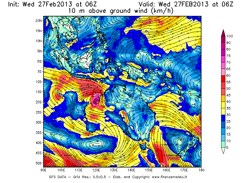 Mappa di analisi GFS - Velocità del vento a 10 metri dal suolo [km/h] in Oceania
							del 27/02/2013 06 <!--googleoff: index-->UTC<!--googleon: index-->