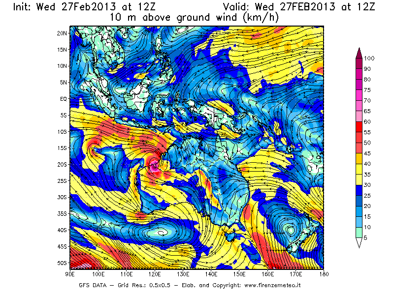 Mappa di analisi GFS - Velocità del vento a 10 metri dal suolo [km/h] in Oceania
							del 27/02/2013 12 <!--googleoff: index-->UTC<!--googleon: index-->
