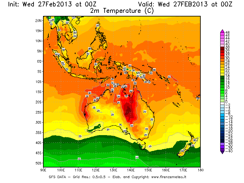Mappa di analisi GFS - Temperatura a 2 metri dal suolo [°C] in Oceania
							del 27/02/2013 00 <!--googleoff: index-->UTC<!--googleon: index-->