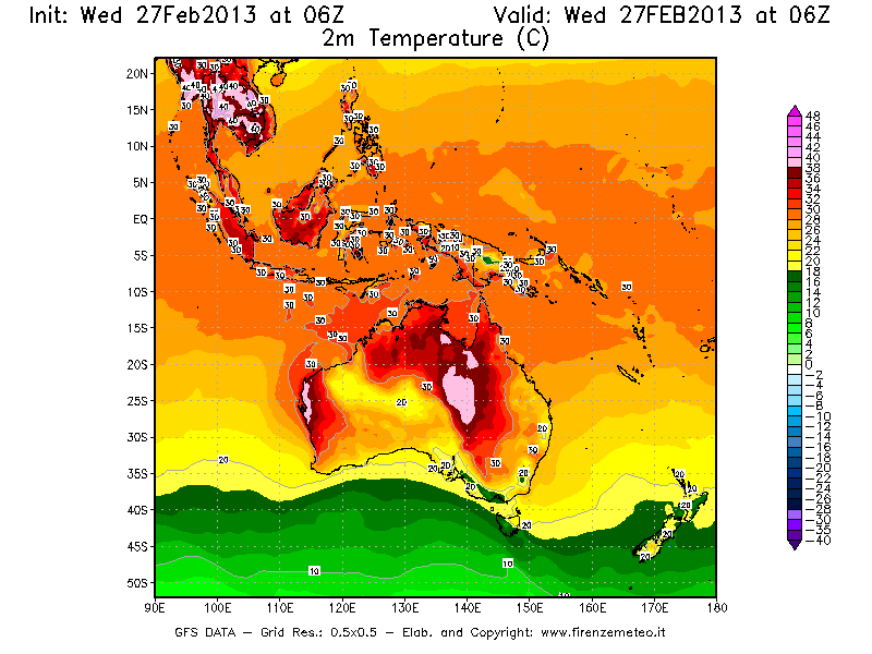 Mappa di analisi GFS - Temperatura a 2 metri dal suolo [°C] in Oceania
							del 27/02/2013 06 <!--googleoff: index-->UTC<!--googleon: index-->