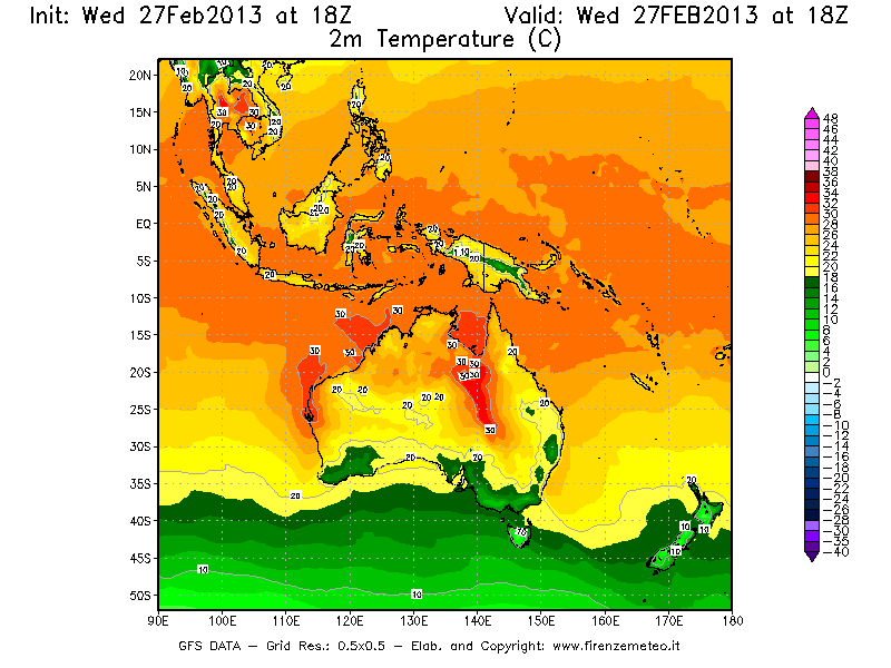 Mappa di analisi GFS - Temperatura a 2 metri dal suolo [°C] in Oceania
							del 27/02/2013 18 <!--googleoff: index-->UTC<!--googleon: index-->