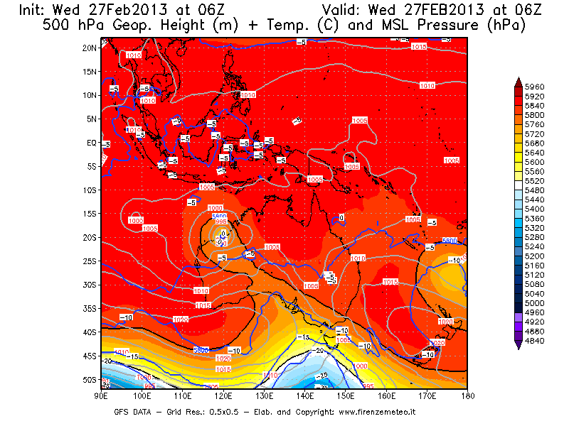Mappa di analisi GFS - Geopotenziale [m] + Temp. [°C] a 500 hPa + Press. a livello del mare [hPa] in Oceania
							del 27/02/2013 06 <!--googleoff: index-->UTC<!--googleon: index-->