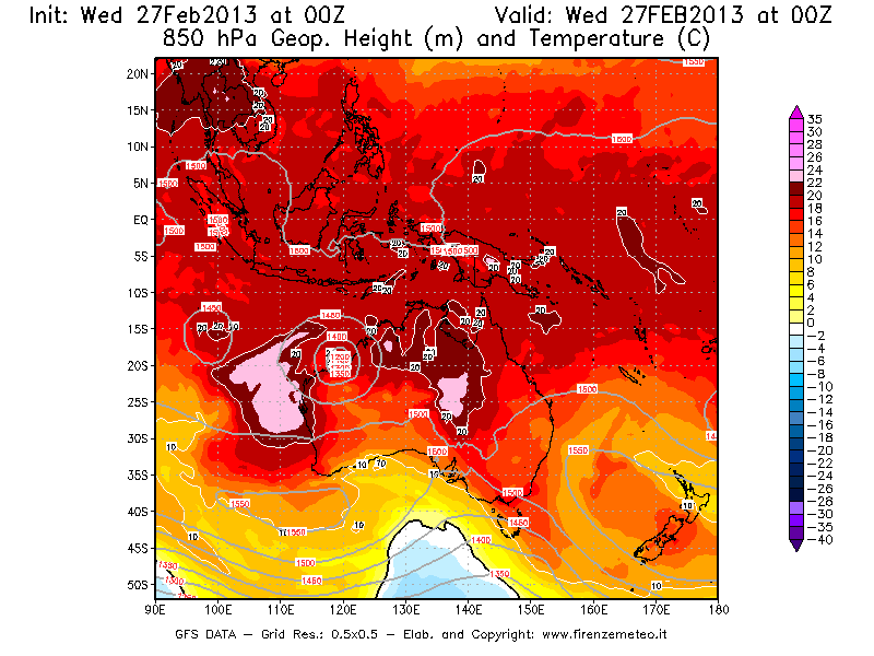 Mappa di analisi GFS - Geopotenziale [m] e Temperatura [°C] a 850 hPa in Oceania
							del 27/02/2013 00 <!--googleoff: index-->UTC<!--googleon: index-->