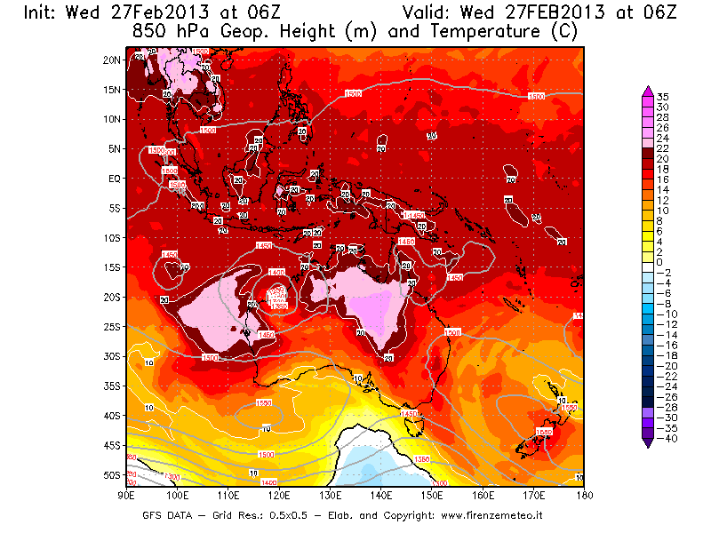Mappa di analisi GFS - Geopotenziale [m] e Temperatura [°C] a 850 hPa in Oceania
							del 27/02/2013 06 <!--googleoff: index-->UTC<!--googleon: index-->