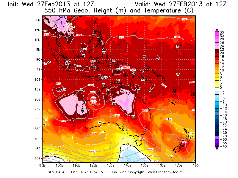 Mappa di analisi GFS - Geopotenziale [m] e Temperatura [°C] a 850 hPa in Oceania
							del 27/02/2013 12 <!--googleoff: index-->UTC<!--googleon: index-->