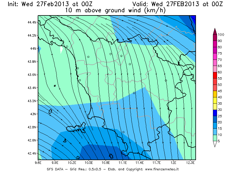 Mappa di analisi GFS - Velocità del vento a 10 metri dal suolo [km/h] in Toscana
							del 27/02/2013 00 <!--googleoff: index-->UTC<!--googleon: index-->