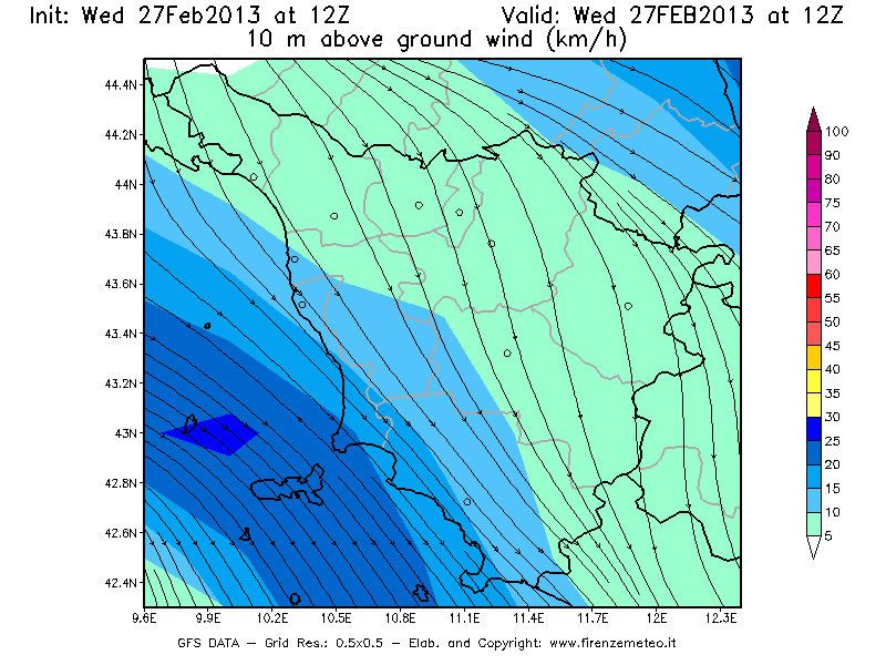 Mappa di analisi GFS - Velocità del vento a 10 metri dal suolo [km/h] in Toscana
							del 27/02/2013 12 <!--googleoff: index-->UTC<!--googleon: index-->