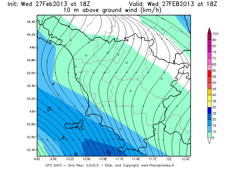 Mappa di analisi GFS - Velocità del vento a 10 metri dal suolo [km/h] in Toscana
							del 27/02/2013 18 <!--googleoff: index-->UTC<!--googleon: index-->