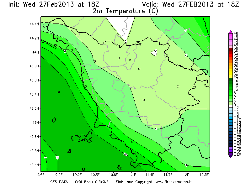 Mappa di analisi GFS - Temperatura a 2 metri dal suolo [°C] in Toscana
							del 27/02/2013 18 <!--googleoff: index-->UTC<!--googleon: index-->
