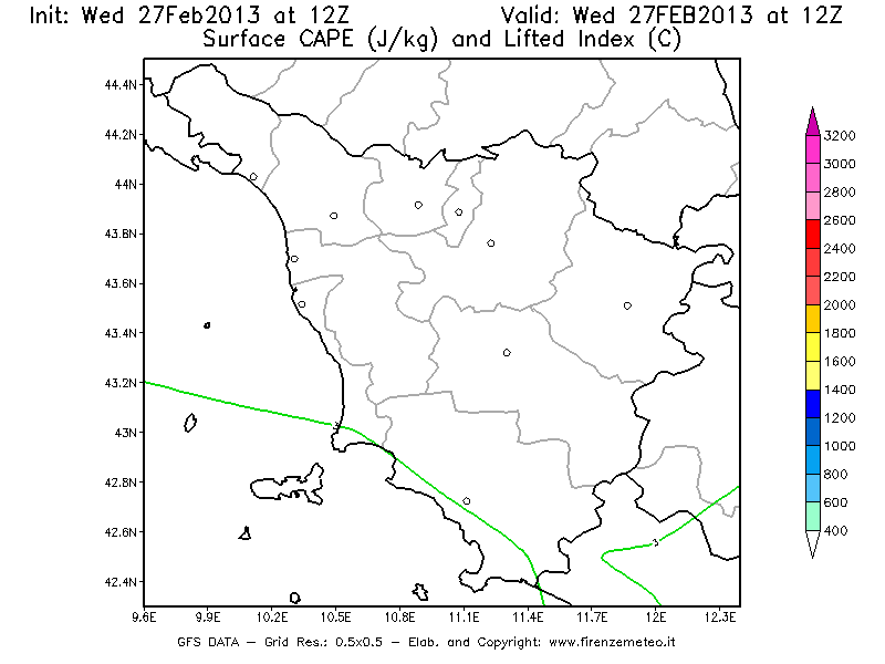 Mappa di analisi GFS - CAPE [J/kg] e Lifted Index [°C] in Toscana
							del 27/02/2013 12 <!--googleoff: index-->UTC<!--googleon: index-->
