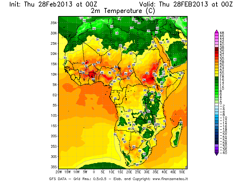 Mappa di analisi GFS - Temperatura a 2 metri dal suolo [°C] in Africa
							del 28/02/2013 00 <!--googleoff: index-->UTC<!--googleon: index-->
