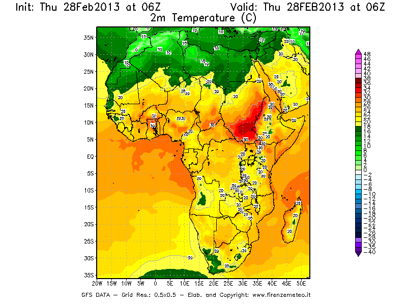 Mappa di analisi GFS - Temperatura a 2 metri dal suolo [°C] in Africa
									del 28/02/2013 06 <!--googleoff: index-->UTC<!--googleon: index-->